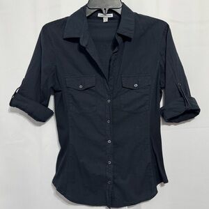 James Perse Navy Contrast Ribbed Surplus Shirt 2 Medium Utility Roll Tab Sleeve